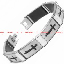 Bbr0274 Stainless Steel N Rubber Black Cross Chain Link Bangle Bracelet