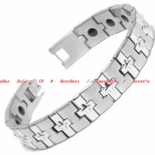Bbr0281 Solid Stainless Steel Chrome Star Cross Chain Link Bangle Bracelet