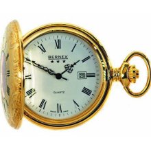 Bernex Swiss Made Quartz Gold Plate Half Hunter Pocket Watch, Patterned Case