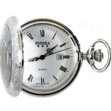Bernex Swiss Made Quartz Rhodium Plate Half Hunter Pocket Watch, Patterned Case