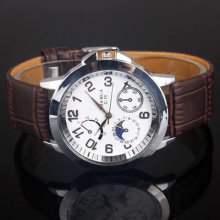 Big Case White Dial Dark Brown Leather Band Quartz Watch Multi-dial Decor