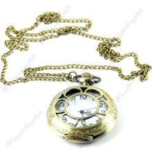 Big Size Retro Bronze Flower Hollow Quartz Pocket Watch Pendant Necklace Chain