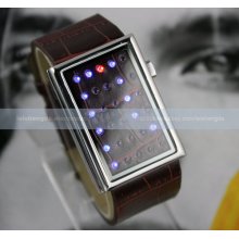 Binary Red Blue Led Black Brown One Key Sports Mens Lady Leather Watch Gifts