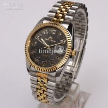 Black Dial Date Golden Rim 2-tone Men Quartz Watch Stl Stainless Ste