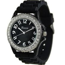 Black Geneva Crystal Rhinestone Large Face Watch With Silicone Jelly Link Band