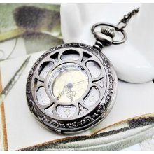 Black-lead Color Retro Carving Heronsbill Quartz Pocket Watch Necklace A886