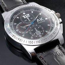 Black Leather Ak-homme Mens Fashion Quartz Wrist Watch + Gift Box