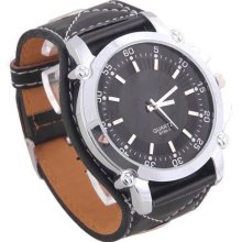 Black Leather Strap Stainless Edge Unisex Quartz Round Shape Pointer Wrist Watch