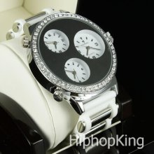 Black / White Iced Out Bling Round Numeric Dial Bullet Band Hip Hop Wrist Watch