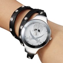 Black Women's Skeleton Style PU Analog Quartz Bracelet Watch