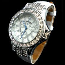 Bling 76 Crystal Decorated White Black Red Leather Womens Ladies Wrist Watch