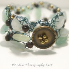 Blue Czech Glass and Darke Wood Crocheted Button Closure Bracelet - Morning Dew - Art Jewelry by Sarah McTernen