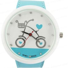 Blue Leather Girls Bicycle Cartoon Wrist Watch Dm474u