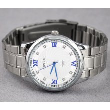 Casual Quartz Mens Crystal White Dial Stainless Steel Band Dress Wrist Watch