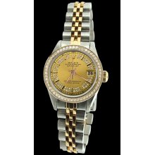 Champagne string diamond dial bezel datejust jubilee rolex lady watch SS & gold - Gold - Metal - 6