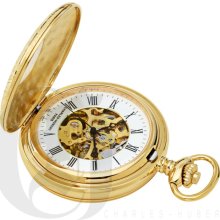 Charles Hubert Classic Mechanical Movement Gold Tone Pocket Watch and Chain with Viewing Window 3536