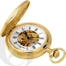 Charles Hubert Classic White Dial Mechanical Movement Gold Tone Pocket Watch and Chain with Viewing Window 3558