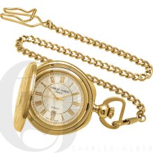 Charles Hubert Classic White Dial Gold Tone Pocket Watch with Chain and Date 3781