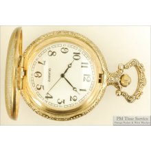 Chinese-made 16S quartz pocket watch, heavy gold-toned fully engraved hunting case, white dial