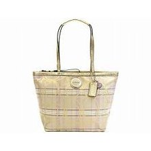 Coach Lilac Ivory Gold Plaid Tote With Lilac Heart Charm F17474