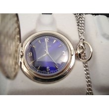 Colibri Silvertone Pocket Watch Blue Face W/chain As Is