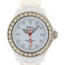 Colori White 30m, Rotating Crystal Bezel Rubber Strap Ladies Watch - Gotw84