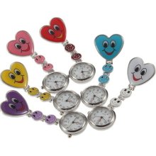 Colors Heart Shape Cute Smile Face Nurse Quartz Pocket Watch Pin Brooch Hs