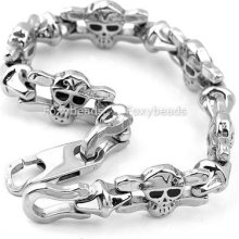 Cool Men's 316l Skull Stainless Steel Link Chain Punk Cuff Bracelet Bangle