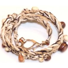 Crochet Fiber Bracelet/Necklace Wood/Silver on Silk/Bead Cord/Hemp