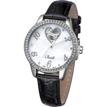 Crystal Case Leather Band Ladies Watches Heart Shape Face Mechanical Movt 71104