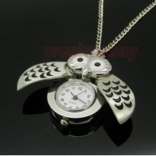 Cute Night Owl Vintage Pocket Watch Pendant Long Necklace Thick Wing P26