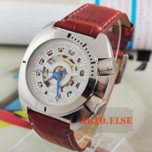Deluxe Latest Mens Skeleton Silver Roman Automatic Wrist Watch Brown Leather Hq