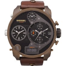 Diesel Mens SBA XXL Chronograph Stainless Watch - Brown Leather Strap - Black Dial - DZ7246