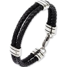 Double Black Leather & Stainless Steel Bracelet - 9 Inch