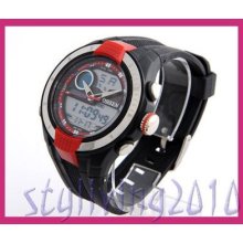 Dual Time Zone Quartz Digital Alarm Day Date Men Lady Waterproof Wrist Watch Red