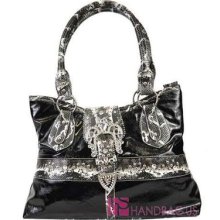Elegant Jewel Rhinestone Studded Western Belt Tote Bag Purse Handbag Black