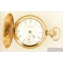 Elgin OS 7J vintage ladies pocket watch, multi-colored yellow gold filled engraved hunting case with monogram