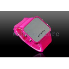 Fashion Led Digital Wristband Date Mirror Gel Cubic Men Women Watch Hour Pink