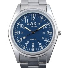 Fashion Mens Blue Dial Stainless Steel Ak Homme 12/24h Wrist Quartz Watch