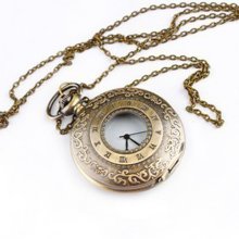 flower vine retro Roman numerals pocket watch necklace chain round copper good - Beige - Copper