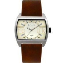 French Connection Men's Quartz Watch With Beige Dial Analogue Display And Brown Leather Strap Fc1056si
