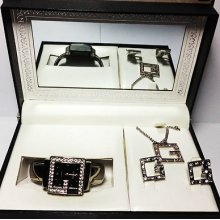 Geneva Ladies Watch Shape With Earrings And Necklace Black Face Rrp £49.99