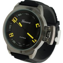 Geneva Platinum Mens Round Face Silicone Watch with Yellow Accent Black 10.5