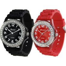 Geneva Platinum Women's Rhinestone-accented Silicone Watch (Set of 2) (Black and Red)