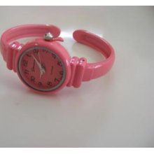 Geneva Round Face Pastel Pink Narrow Band Metal 3/8 Inch Cuff Watch