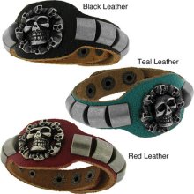Genuine Colored Distressed Leather With Brushed Silvertone Skull Bracelet