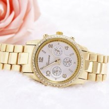 Gold Bling Crystal Case Steel Band Analog Womens Mens Quartz Wrist Watch