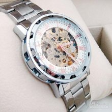 Golden Face Steel Band Men's Automatic Wrist Watch Mechanical Skelet