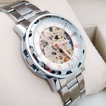 Golden Face Steel Band Men's Automatic Wrist Watch Mechanical Skeleton