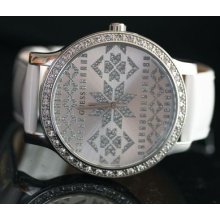 Guess Womens Crystal Patterned Accented Stainless Steel Case White Leather Watch
